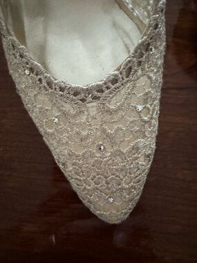 Stuart Weitzman Gold Lace Pointed Toe Flat with Crystal Accents